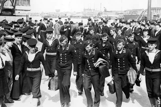 Crews of German E-boats march away under naval escort at Gosport, 1945. Picture: The News PP4520
