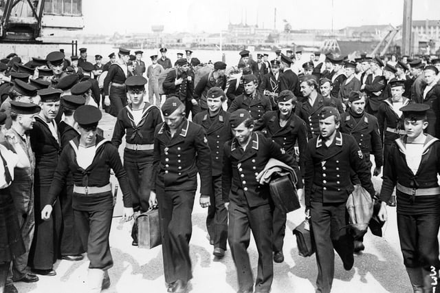 Crews of German E-boats march away under naval escort at Gosport, 1945. Picture: The News PP4520