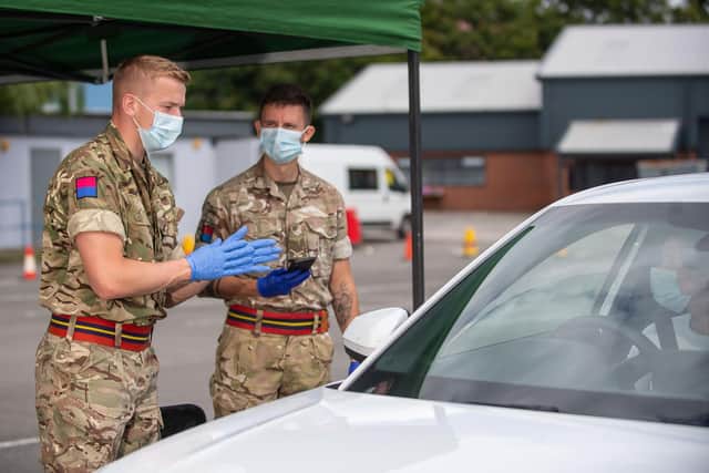 Gunner Edward Darby, 27, of 26 Regiment Royal Artillery supporting a coronavirus testing hub as part of Operation Rescript, which also saw soldiers from 12 Regiment, Royal Artillery, on Thorney Island, being called upon.
