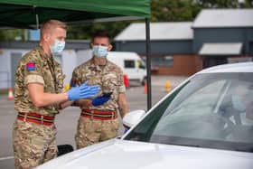 Gunner Edward Darby, 27, of 26 Regiment Royal Artillery supporting a coronavirus testing hub as part of Operation Rescript, which also saw soldiers from 12 Regiment, Royal Artillery, on Thorney Island, being called upon.
