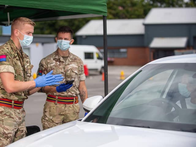Gunner Edward Darby, 27, of 26 Regiment Royal Artillery supporting a coronavirus testing hub as part of Operation Rescript, which also saw soldiers from 12 Regiment, Royal Artillery, on Thorney Island, being called upon.