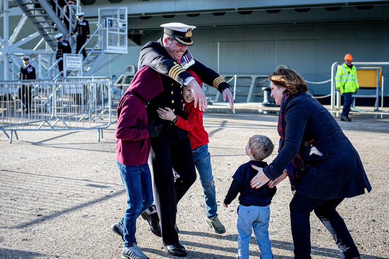 Pictured: Commanding Officer Captain Richard Hewitt OBE greets his wife Clara his children Oliver , 10 and William, 8 and Ben 2 

Picture: Habibur Rahman