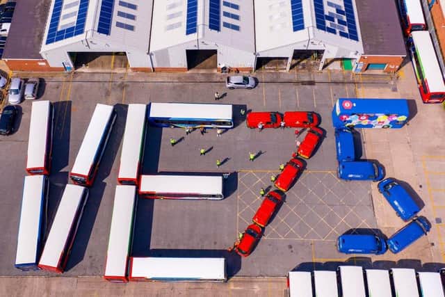 A drone from Solent Sky Services captured this shot of a Stagecoach bus depot's special VE Day message.