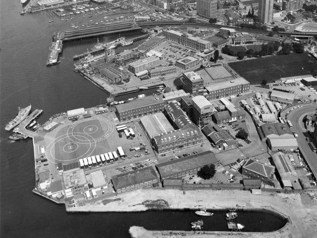 An aerial view of HMS Vernon, Portsmouth on October 5, 1981
