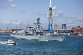 3rd June 2018. Brittany Ferries ferry leaving for Normandy with a naval escort. The procession is led by four P 2000s followed by the Brittany ferry with the veterans on the stern deck and four D-Day vessels two either side of the ferry at the stern, followed by a frigate and then followed by the Little Dunkirk Ships.
Pictured: Type 23 frigate, HMS St Albans sailing past.
Picture: Habibur Rahman