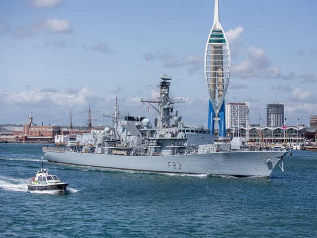 3rd June 2018. Brittany Ferries ferry leaving for Normandy with a naval escort. The procession is led by four P 2000s followed by the Brittany ferry with the veterans on the stern deck and four D-Day vessels two either side of the ferry at the stern, followed by a frigate and then followed by the Little Dunkirk Ships.
Pictured: Type 23 frigate, HMS St Albans sailing past.
Picture: Habibur Rahman