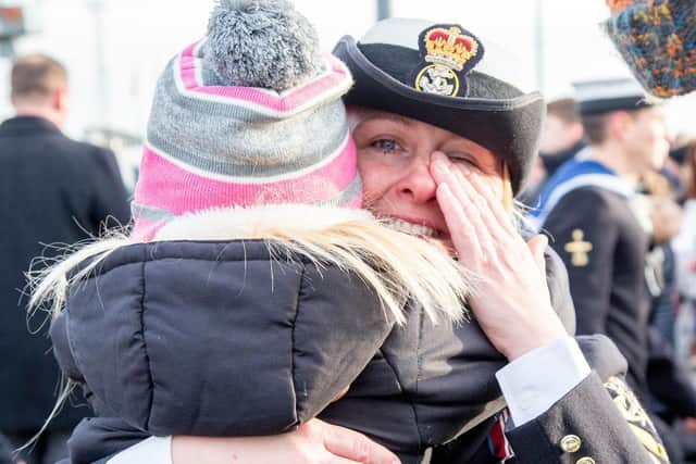 Pictured:Jenni Smith embraces with Evelyn 7 in front of HMS Defender
Picture: Habibur Rahman