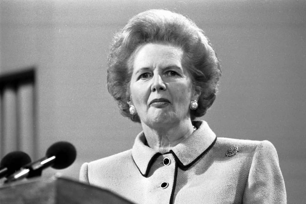 Prime Minister Margaret Thatcher addresses the Scottish Conservative party conference in Perth, May 1989.