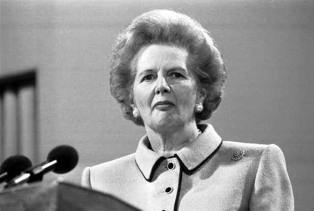 Prime Minister Margaret Thatcher addresses the Scottish Conservative party conference in Perth, May 1989.