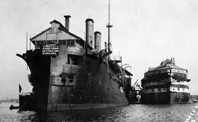 HMS Hercules after de-masting and unarmed and had possibly become part of HMS Fisgard. Picture: Robert James collection.
