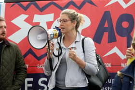 The 'Let's Stop Aquind' walking protest against Aquind pictured starting at the Fort Cumberland car park in Eastney.Pictured is Penny Mordaunt MP speaking at the gathering.Picture: Sam Stephenson