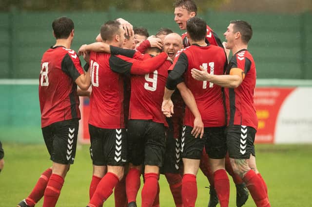Fareham celebrate one of their 48 home Wessex League goals in only 15 matches in 2019/20. Picture: Keith Woodland
