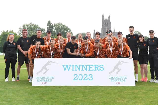 Players and staff of Southern Vipers celebrate retaining the Charlotte Edwards Cup. Picture by Tony Marshall/Getty Images
