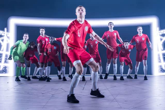 Tom Lane as Eric Dier and the cast of Dear England. Picture: Marc Brenner