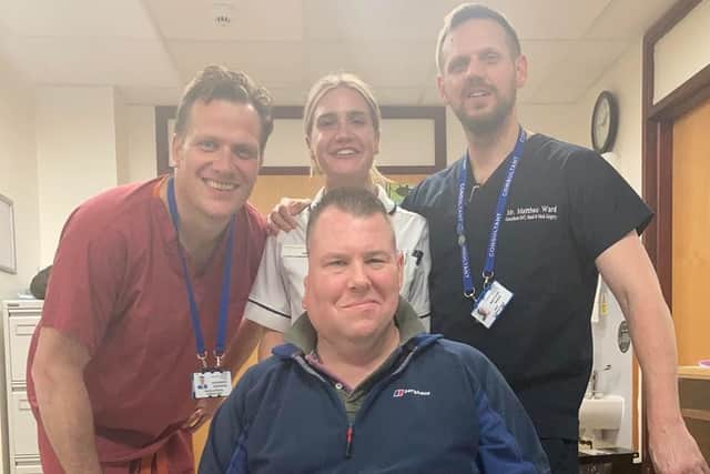 From left, back: Alex Goodson, Consultant Maxillofacial Cancer, Reconstructive and Aesthetic Surgeon, Laura McKinner, Speech Therapist, Dr Matthew Ward, Consultant ENT, Head and Neck, Thyroid and Parathyroid Surgeon with patient Dan Kilty at QA Hospital in Portsmouth.