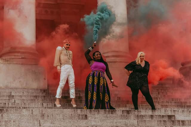Fabulous Josh, Roni Edwards and Amba Tremain outside the Guildhall in Portsmouth. Photpgraphy by Jennifer Sanchez from Liberty Photography and Jon Gray.