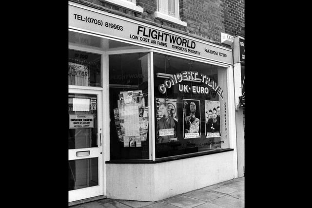 Flightworld Travel Agents and Concert Travel, Fawcett Road, ceased trading, image taken 7th August 1990.They were offering trips to see Depeche Mode, David Bowie and Erasure at Milton Keynes and Wembley.