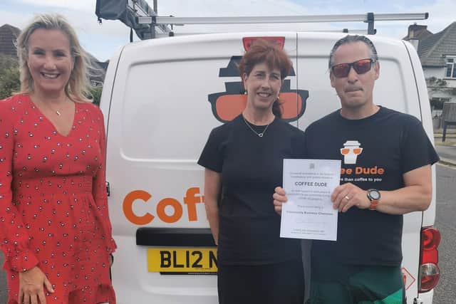 Caroline Dinenage, Gosport MP, with Pete and Sheena Bowman from Coffee Dude