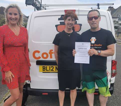 Caroline Dinenage, Gosport MP, with Pete and Sheena Bowman from Coffee Dude