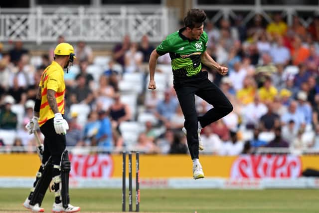 Southern Brave's George Garton celebrates after dismissing local hero Alex Hales for a duck. Photo by Shaun Botterill/Getty Images.