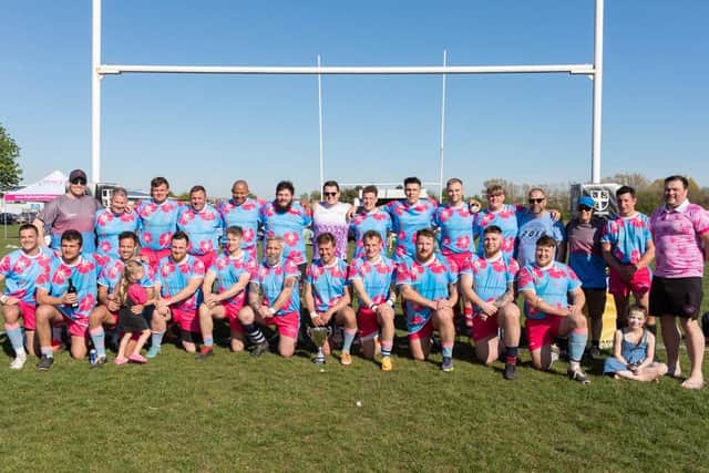 The victorious Rugby Against Cancer XV with the Steve Drury silverware. Picture by Whendie Backwell.