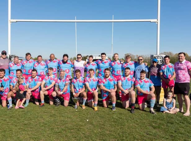 The victorious Rugby Against Cancer XV with the Steve Drury silverware. Picture by Whendie Backwell.