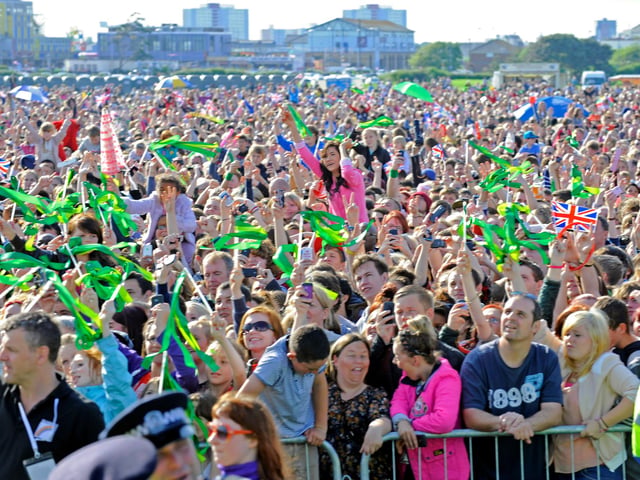 The Evening Celebrations at The Olympic Torch Relay as it came to Southsea Common early on Sunday evening 
There were stage acts as well as Rizzle Kicks a pop duo,  as 65000 people enjoyed the free spectacle 
Picture: Malcolm Wells (122387-5790)