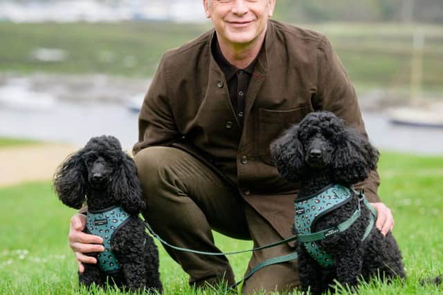 Chris Packham with his dogs Sid and Nancy at Buckler's Hard for the Great British Dog Walk