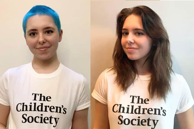 Holly Mault from Fareham, after and before a headshave for The Children's Society