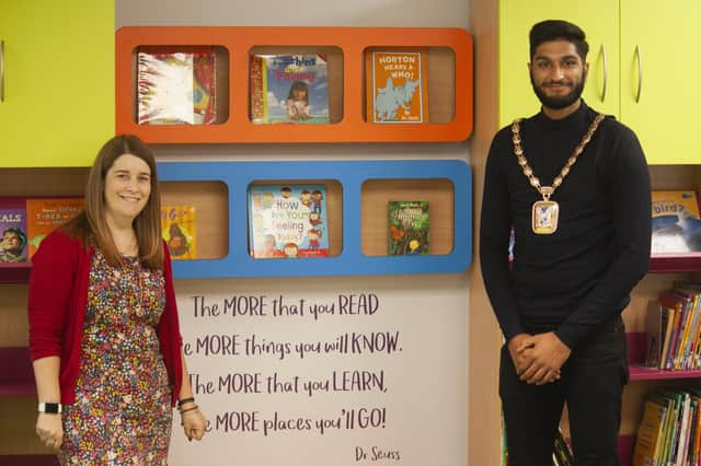 Purbrook Infant School had their parent-funded library opened by Havant mayor Prad Bains. Pictured: Head teacher Lisa de Carteret with Cllr Bains