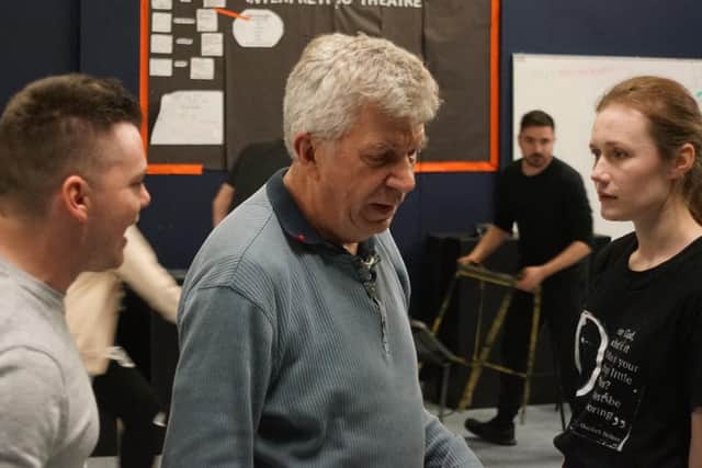 From left: Stuart Frank as Che, Graeme Clements as Magaldi and Grace Campbell as Eva Peron, in rehearsal. Picture by Tristan Redwood