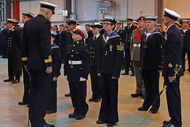 Cadets from HMS Sultan RNVCC and Gosport Division RMVCC inspected by Cdre McCarthy