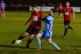 Action from last night's Wessex League Cup semi-final between Fareham (red) and AFC Portchester