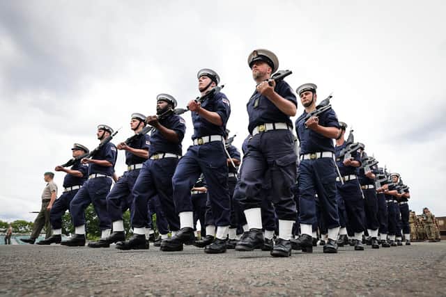 The Royal Navy State Ceremonial Team are putting Royal Navy Personnel through their paces at HMS COLLINGWOOD in Fareham, Hampshire 30th May 2022 ahead of the Queens Platinum Jubilee Pageant in London on Sunday 5th June 2022.