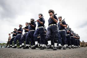 The Royal Navy State Ceremonial Team are putting Royal Navy Personnel through their paces at HMS COLLINGWOOD in Fareham, Hampshire 30th May 2022 ahead of the Queens Platinum Jubilee Pageant in London on Sunday 5th June 2022.