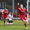 Tommy Leigh celebrates getting the winner for Accrington in their 1-0 win over Bolton in December. Picture: Accrington Stanley FC