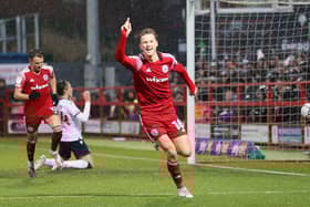 Tommy Leigh celebrates getting the winner for Accrington in their 1-0 win over Bolton in December. Picture: Accrington Stanley FC