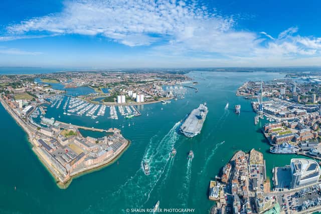 Royal Navy Aircraft Carrier, HMS Queen Elizabeth, entering her home port of HMNB Portsmouth. Picture: Shaun Roster, Shaun Roster Photography.