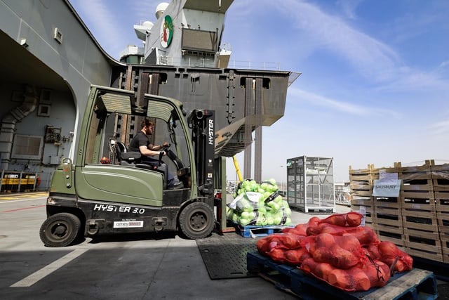 Fresh food being loaded onto HMS Queen Elizabeth.