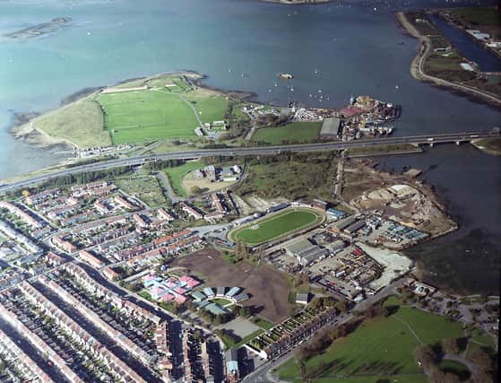 An aerial view of Tipner - including the old Greyhound Racing Track - in 1998.