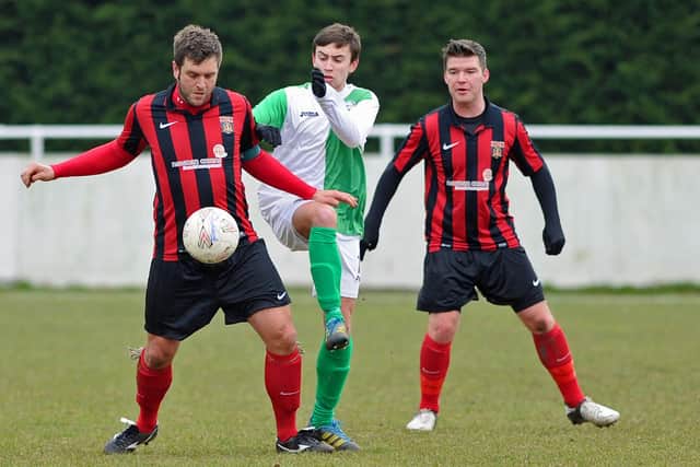 Flashback to 2012 and Mat Jones (left) and Liam Hibberd in action for Fareham in a Wessex game against Blackfield & Langley. The two clubs meet again on the opening day of the 2020/21 Wessex League season. Picture: Sarah Standing