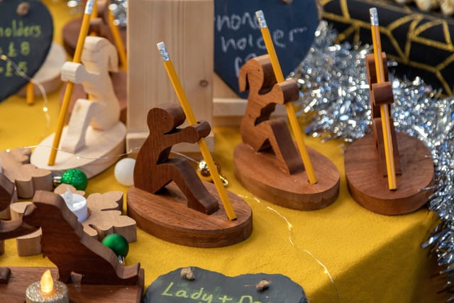 Wooden pencil holder and assorted ornaments by Alex Diffey. Picture: Mike Cooter (251123)