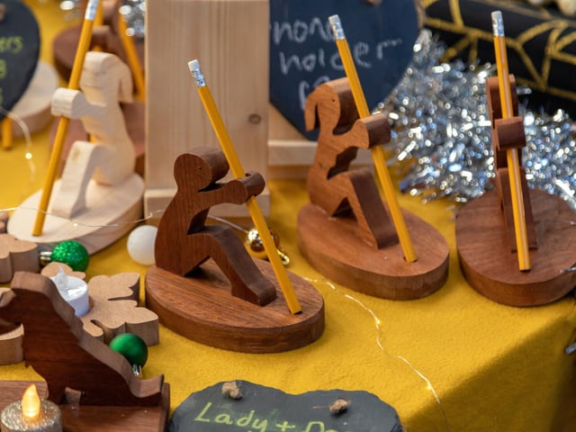 Wooden pencil holder and assorted ornaments by Alex Diffey. Picture: Mike Cooter (251123)