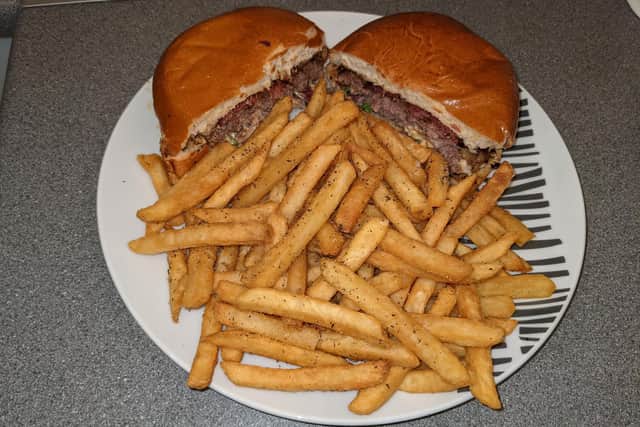 Umami Street Food in Fareham, Dish Detective. Pictured: Pittsburger with rosemary salt fries
