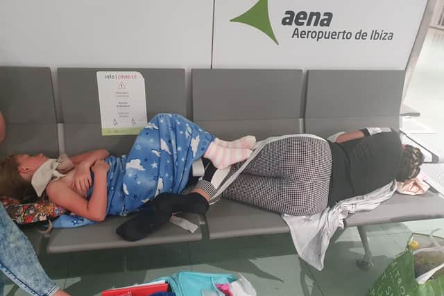 Portsmouth family suffer EasyJet flight 'nightmare' involving cancelled journeys, missing holiday days and incurred expenses. The family were travelling from London Gatwick to Ibiza for the wedding of Natalie Cumbo's cousin. Pictured are members of the family waiting at Ibiza airport.