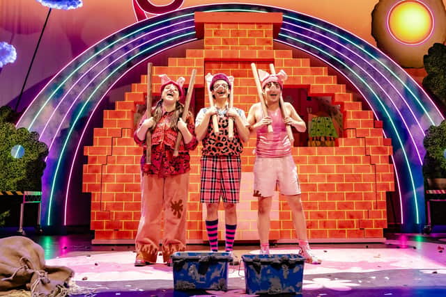 From left: Iona Crampton (Bee), Joe Thompson-Oubari (Q) and Sam Mellous (Bar) in The Three Little Pigs at Minerva Theatre. Picture: Danny Kaan