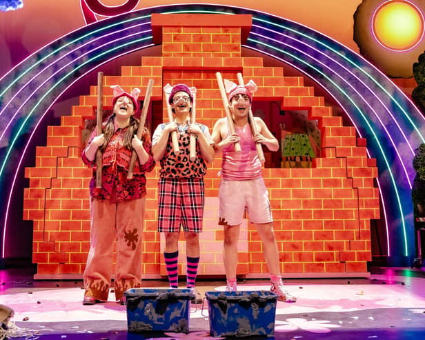 From left: Iona Crampton (Bee), Joe Thompson-Oubari (Q) and Sam Mellous (Bar) in The Three Little Pigs at Minerva Theatre. Picture: Danny Kaan