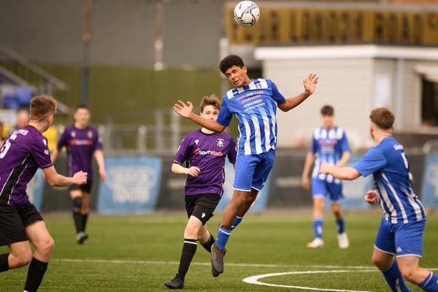 Action from the Portsmouth Youth League U15 Challenge Cup final between Bedhampton Youth (blue and white kit) and Gosport Falcons. Picture: Keith Woodland (190321-1458)