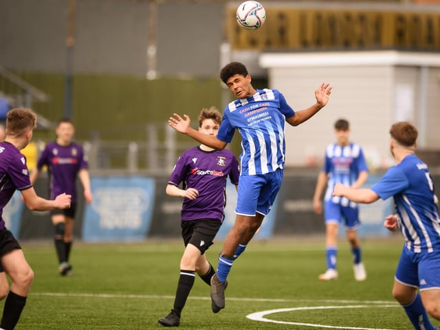 Action from the Portsmouth Youth League U15 Challenge Cup final between Bedhampton Youth (blue and white kit) and Gosport Falcons. Picture: Keith Woodland (190321-1458)