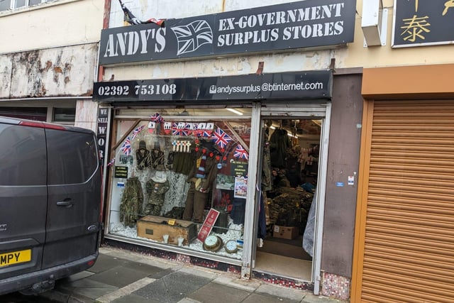 Andy's Ex-Government Surplus Store on Charlotte Street - just off Commercial Road - specialises in the sale of military gear and clothing. The business has another outlet on St Vincent Road, Southsea which focuses on maritime antiques.